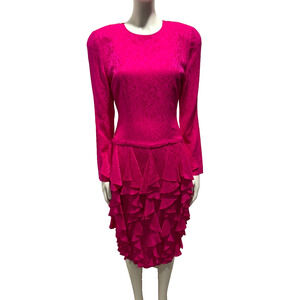 Adrianna Papell 100% Silk Dress Sz 4 Jacquard Pink Ruffle Tiered Skirt Cocktail